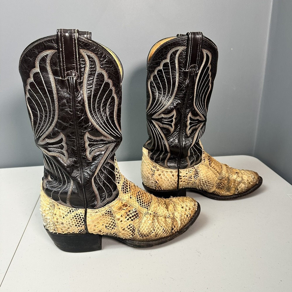 Vintage Tony Lama Tan Snake Skin & Black Leather Size 4 Western Cowboy Boot USA - Picture 2 of 9